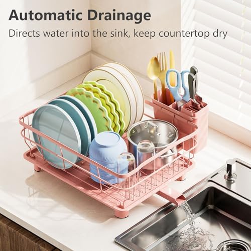 Auto Drain Metal Dish Drying Rack Dish Drainers, Pink