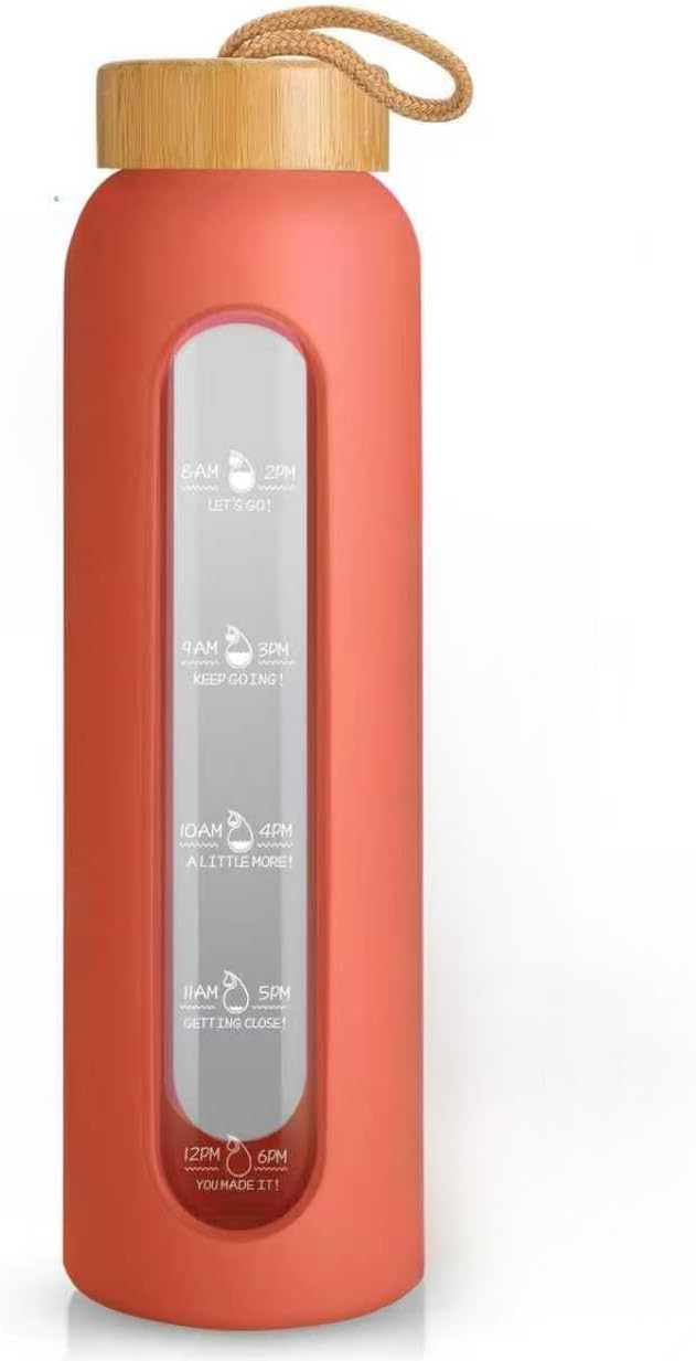 32 oz Glass Water Bottle, Time Marker with Silicone Sleeve & Lid