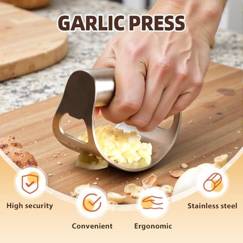 Stainless Steel Garlic Press, 2026 Upgraded Garlic Press Stainless Steel, Garlic Press Rocker, Portable Manual Garlic Crusher, Stainless Steels Garlic Mincer tool with Peeler and Brush (1 Set)