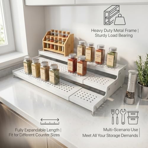 Expandable 3-Tier Spice Metal Shelf Rack, White, 3-Tier