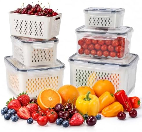 5 PCS Fruit Storage Containers for Fridge with Removable Colander