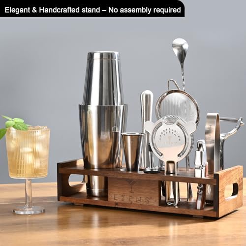 Premium 15-Piece Mixology Bartender Kit – Stainless Steel Cocktail Shaker Set with Wooden Stand | Professional Boston Shaker Bar Tool Set for Home & Expert Mixologists | Luxury Cocktail Making Gift