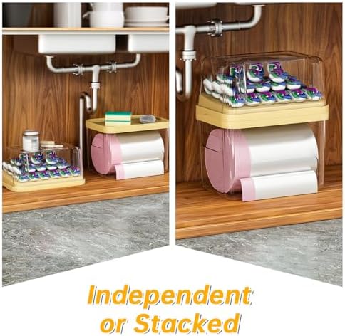 2-in-1 Trash Bag Dispenser & Laundry/Dishwasher Pods Container, Clear Acrylic Garbage Bag Holder with Removable Lids, Under Sink Organizer Kitchen Pantry Storage Box