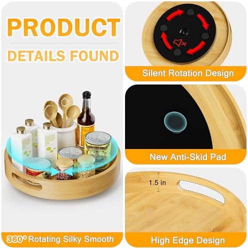 Lazy Susan Organizer 12 Inch Non-Skid Bamboo Lazy Susan for Kitchen Rotating Spice Rack with Handles, Wood Turntable for Kitchen Cabinet,Countertop (Bamboo, Medium)