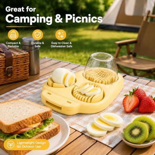 3-in-1 Egg Slicer with 2 Cleaning Brushes, Hard Boiled Egg Cutter, 3 Cutting Modes & Steel Blades – Eggs, Cherry Tomatoes, Strawberries, Kiwi – Perfect for Salads, Breakfast & Family Meals – Yellow - Image 4