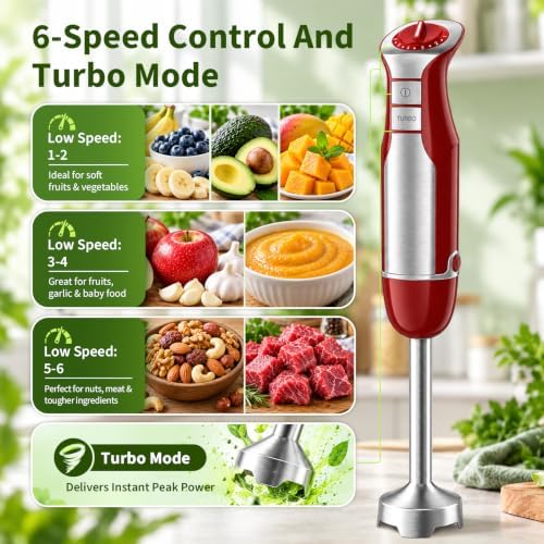 5-in-1 Immersion Blender Handheld 1000W, 6-Speed Hand Mixer, Red - Image 6