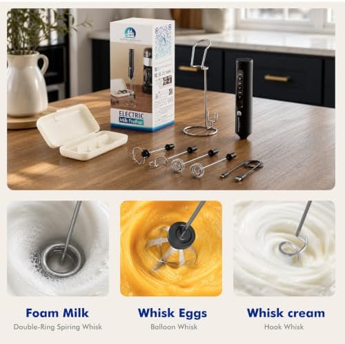 Rechargeable Milk Frother with Stand, 4 Interchangeable Whisks & Travel Case – Handheld Mixer for Lattes, Matcha, Hot Chocolate, Eggs & Protein Shakes - Image 4