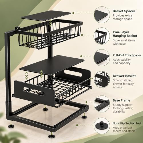 Under Sink Organizer, 2-Tier Pull-Out Kitchen Bathroom Storage Rack, Black