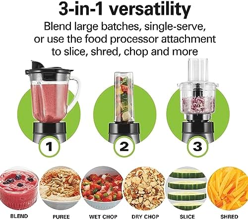Blender and Food Processor Combo for Shakes & Smoothies, With 3 Cup Electric Food Chopper Attachment, 40 oz Glass Jar, Blender Travel Cup, 700 Watts Peak Power, Gray & Black (58163)