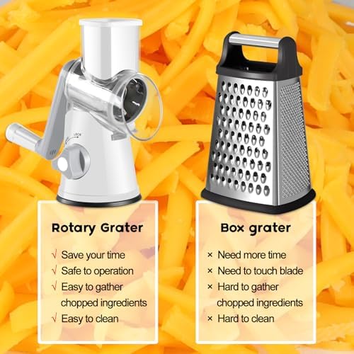 Rotary Cheese Grater Hand Crank, Kitchen Shredder Speed Mandolin Slicer Nuts Grinder with Handle and Drum Blades for Cheese, Vegetable, Walnuts, Chocolate, Potato, Carrot, 3 Blades, White