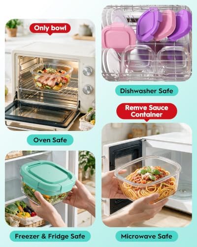 Glass Salad Container,56oz Salad Bowl To Go for Lunch with Airtight Lid,Leak-Proof Sauce Container,4-Compartment Bento Tray & Reusable Fork - BPA-Free Glass Lunch Box for Meal Prep,Office（Green）