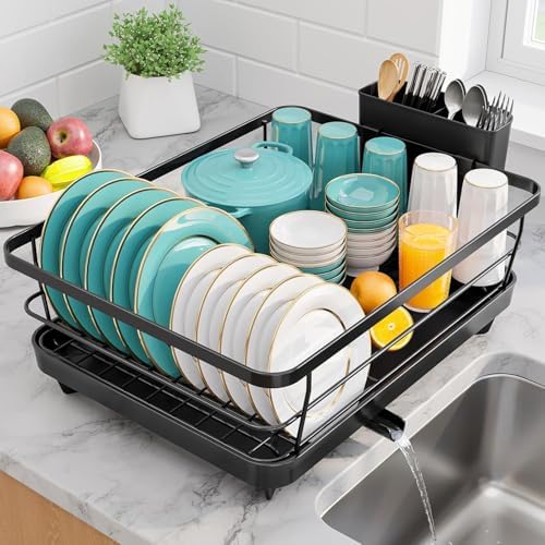 Stainless Steel Dish Drying Rack for Kitchen Counter, Sink Organization and Storage Essentials with Silverware & Utensil Holder, Home and Apartment Decor, 12''W x 15.5''L, Black