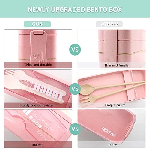 Bento Box Japanese Lunch Box Kit Leakproof Bento Lunch Box for Kids Adults Wheat Straw 3 Layer Stackable Lunch Containers with Compartment Eco-Friendly Meal Prep Containers (Pink)