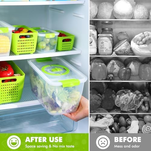 Produce containers for fridge,3 Set Fruit Containers with Removable Colander, BPA-Free Produce Saver Containers with Lids Dishwasher&Microwave Safe Keep Fruits, Vegetables, Berry, Fresh Longer