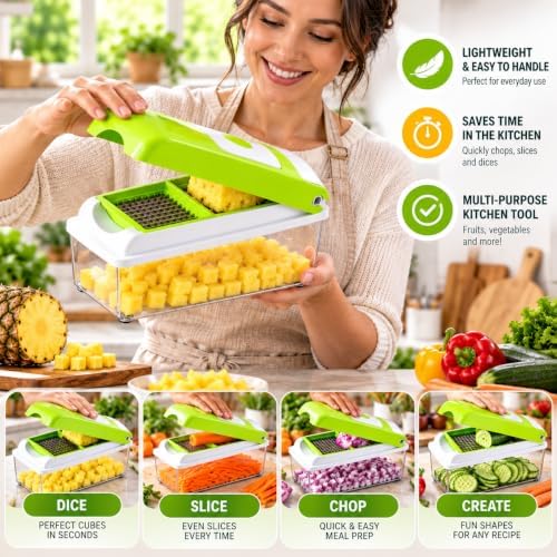 Vegetable Chopper – Original As Seen On TV Food Dicer with 2 Stainless Steel Blades, Large 2-Cup Container, Cleaning Tool, Dishwasher Safe Onion & Vegetable and Fruit Cutter