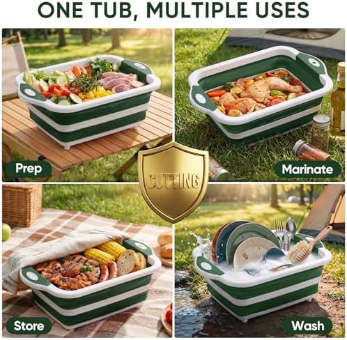 Collapsible BBQ Prep Tub with Lid, Foldable Camping Sink with Colander, Cutting Board, Dish Basin for Kitchen, Bowl, Vegetable and Fruit, Storage Basket for Picnic-Green