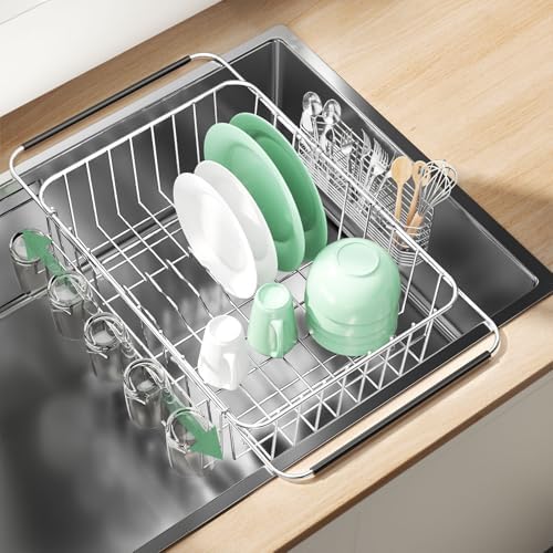 Dish Drying Rack in Sink, ExtendableStainless Steel Dish Drainers for KitchenCounter, Anti-Rust Dish Dryer Rack withUtensil & Cup Holders, for Inside Sink, Over The Sink