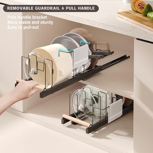 2 Pack Pull Out Pots and Pans Organizer Under Cabinet, 22" Deep Expandable Pot Lid Organizer and Storage with 10 Adjustable Dividers Adhesive Pot and Pan Holder Rack with Handle Bracket(Black)