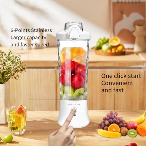 Portable Blender with 20 Oz Travel Cup, 6 Blades, USB Rechargeable for Shakes, Smoothies, Gym, Kitchen and Outdoors (White) - Image 3