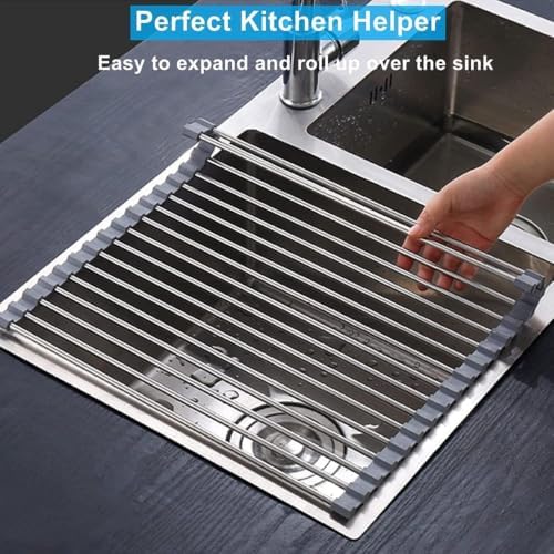 Extra Large 20.5"x13.7" Roll Up Dish Drying Rack Over The Sink Dish Drainer for Kitchen Counter, Sink Drying Rack Drying Mat Folding Rack Kitchen Sink Organizer Home Essentials