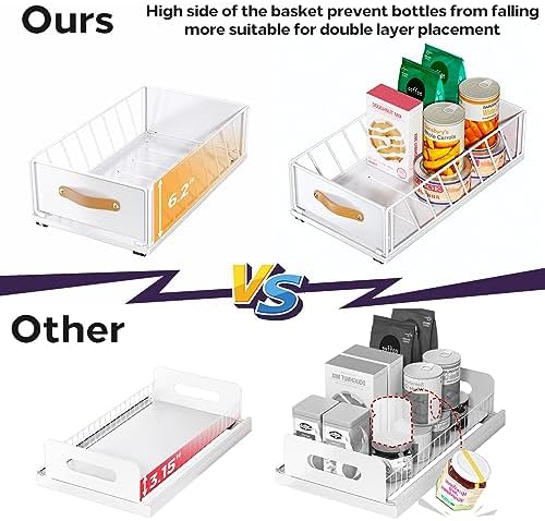 Pull out Cabinet Organizer,Heavy Duty Slide out Pantry Shelves Drawer Storage with Adhesive Nano Film,Sliding Mesh Cabinet Basket with Handle for Kitchen, Bathroom, Home, 9.8"W X 15.7"D X 6.2"H,White