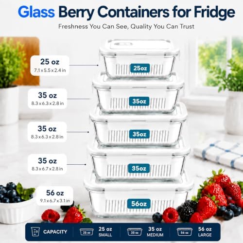 Glass Berry Containers for Fridge, 5 Pack, 2x56oz 2x35oz 1x25oz, with Removable Colanders and Vent Valve Lids, Glass Fruit Storage Containers for Refrigerator, Fresh Produce Storage Set(white)