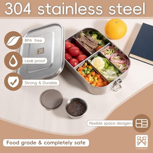 47QZ Stainless Steel Bento Box with 5 Compartments,1400ml Large & Thickened Metal Lunch Box for Kids or Adults,Eco-friendly Leak-Proof Container with Lockable Clips