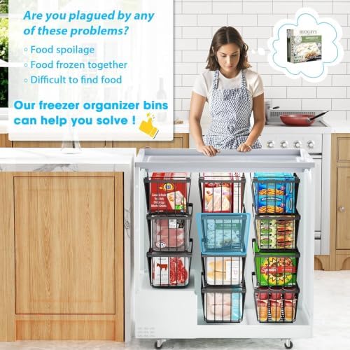 Freezer Organizer Bins, 4 Pack Stackable Pantry Storage Bins, Black