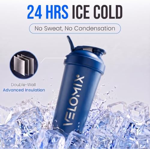 VELOMIX 24oz Stainless Steel Shaker Bottle with Wire Whisk (Steel-Blue) - Image 3