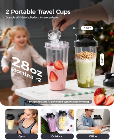iCucina Smoothie Blender, 700W Personal Mixer for Shakes and Smoothies, Single-Serve Blender with 2 x 28 Oz Portable Cups, Silver, for Ice Crushing and Frozen Fruit Drinks - Image 5