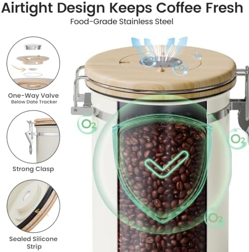 Coffee Canister with Window, Airtight Stainless Steel Container, 22OZ
