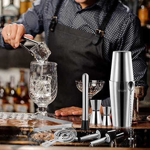 9-Piece Cocktail Shaker Set – 800ml Boston Shaker Dual Jiggers Muddler Bar Spoon Strainer Tongs & Pourers – Gift Box for Home Entertaining
