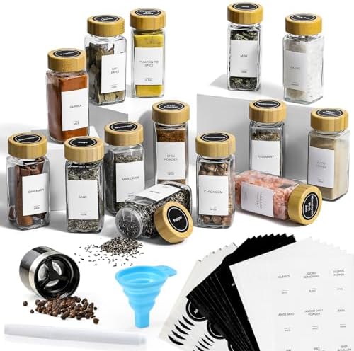14 Pcs Spice Jars with Bamboo Lids - 4oz Square Spice Bottles with Spice Labels, Shaker Lids, Funnel