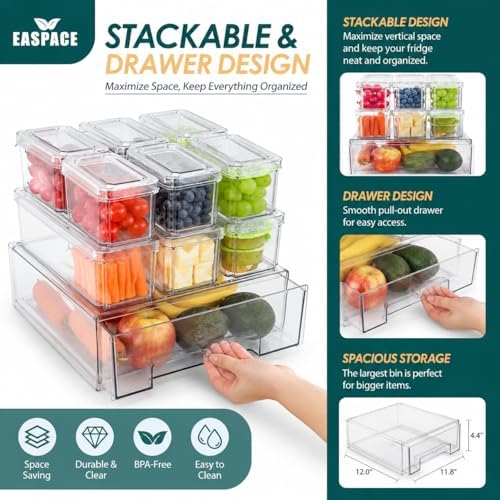 Fridge Organizer Bins with Drawer, 10-Pack Clear Stackable Container Set, BPA-Free Plastic Refrigerator Storage Containers for Food, Fruits, Vegetables, Meats, Salads (Multi-Purpose)