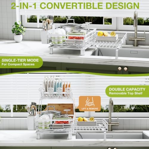 2-Tier Expandable Dish Drying Rack for Kitchen Counter, White