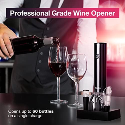 Mueller Electric Wine Opener Set - Rechargeable Batteries and USB Charging Cable - Electric Corkscrew Opener with Foil Cutter, Wine Pourer, Vacuum Stopper (Batteries Included), Valentines Day Gift