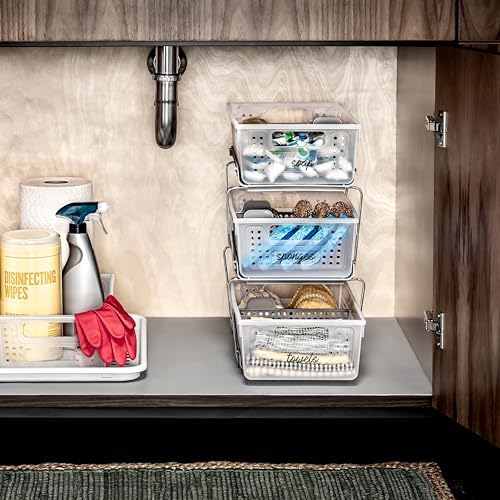 2 Tier Organizer, Under Cabinet Storage with Pull Out Sliding Drawers, for Cleaning Supplies, Pantry, Undersink, Sponges, Bottles & Bath, Pull Out Baskets, Frost 2 PACK
