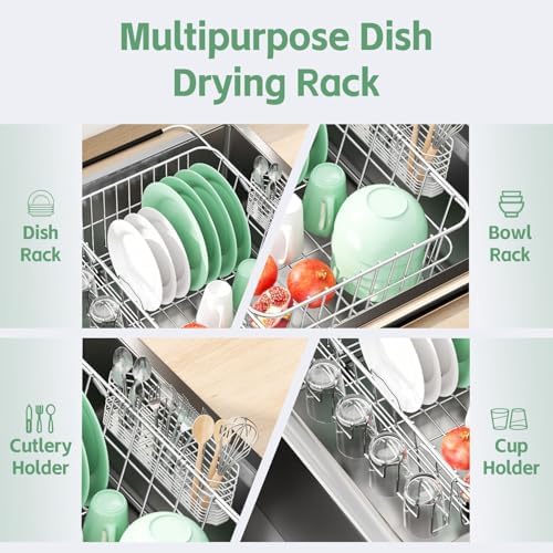 Dish Drying Rack in Sink, ExtendableStainless Steel Dish Drainers for KitchenCounter, Anti-Rust Dish Dryer Rack withUtensil & Cup Holders, for Inside Sink, Over The Sink