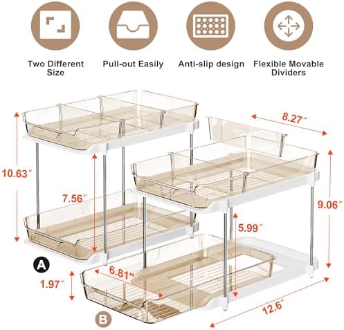 2-Tier Multi-Purpose Bathroom Under Sink Organizers and Storage, Stackable Kitchen Pantry Organization, Pull Out Medicine Cabinet Organizer with Movable Dividers, Amber, 2 Pack