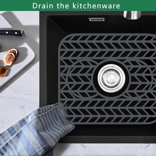 Sink Protectors for Kitchen sink, 13 5/8" x 11 5/8" Folding Non-slip Silicone Sink Mat Grid for Bottom of Farmhouse Stainless Steel Porcelain with 3 Reserved Holes Pack of 2