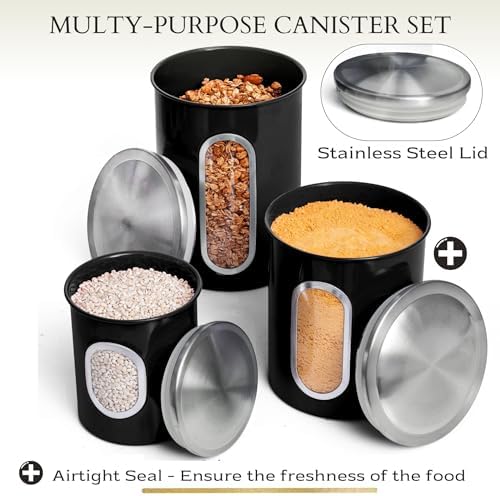 3-Pcs Black Canisters Set for Kitchen Storage Airtight Jars