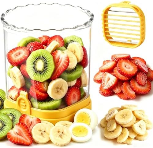 Hendiy Strawberry Slicer with Stainless Steel Blades | Egg & Fruit Slicer Cup for Banana, Cucumber, Mushroom | ABS Detachable Kitchen Gadget - Precision Berry Cutter Tool (Yellow, 1-Pack) by Hendiy