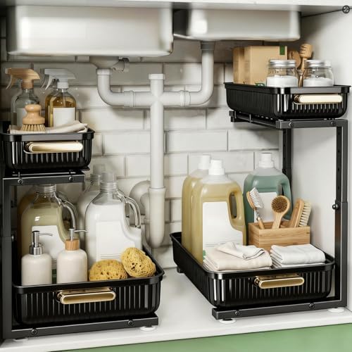 Under Sink Organizer - 2 Packs Multi-Purpose Pull-Out Storage Organizers, Slide out Pull out Cabinet Organizer Shelf, Storage for Kitchen Bathroom