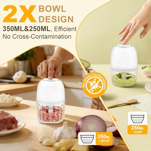 Electric Mini Food Chopper with 2 Plastic Bowls(1Cup&1.5Cup), White - Image 5