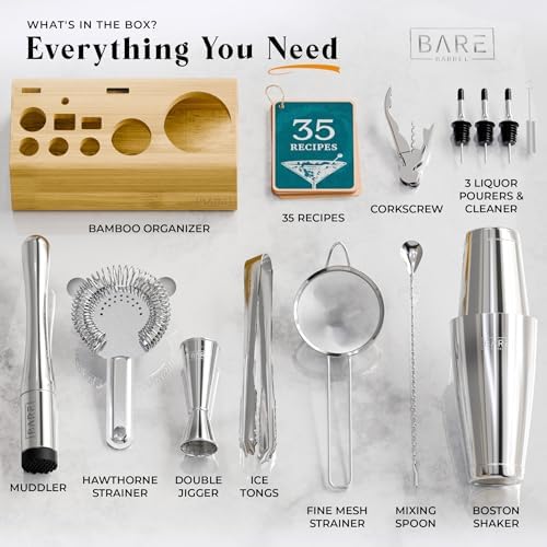 Mixology Bartender Kit Bar Set | 14-Piece Cocktail Shaker Set | Martini Barware Mixing Tools for Home Bartending | Incl. 35 Recipe Cards | Gift Set (28oz Boston Shaker, Silver/Natural)