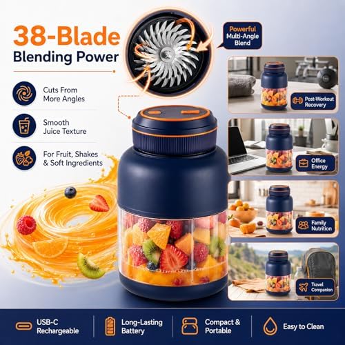 Portable Juicer 38 Blade Wireless Cup Blender Electric Fresh Bottle Mini Licuadora Portatil Personal Cupping Smoothie Single Serve Rechargeable Batidora Small with To-Go 180w It Fast - Image 5