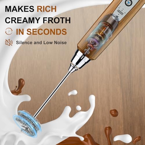 YUSWKO Wood Grain Handheld Milk Frother Wand for Coffee, Rechargeable Electric Whisk with 3 Heads 3 Speeds Drink Mixer Coffee Frother For Latte, Cappuccino, Hot Chocolate, Egg - Image 6