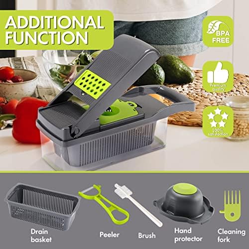 Vegetable Chopper Onion Cutter, 12 in 1 Professional Mandoline Slicer for Kitchen, Multifunctional Food Chopper for Potato, Tomato, Veggie with Strainer Basket, 8 Blades, Gray