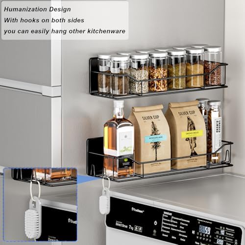 Magnetic Spice Rack for Refrigerator,8 Pack Magnetic Fridge Shelf, Moveable Spice Organizer with Hook Rack, Paper Towel Holder, Utensil Holder,cup lid holder, Super Magnetic Rack Set (Black)