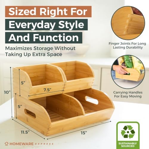 Potato and Onion Storage Bin, Stackable Bamboo Pantry Organizer and Storage